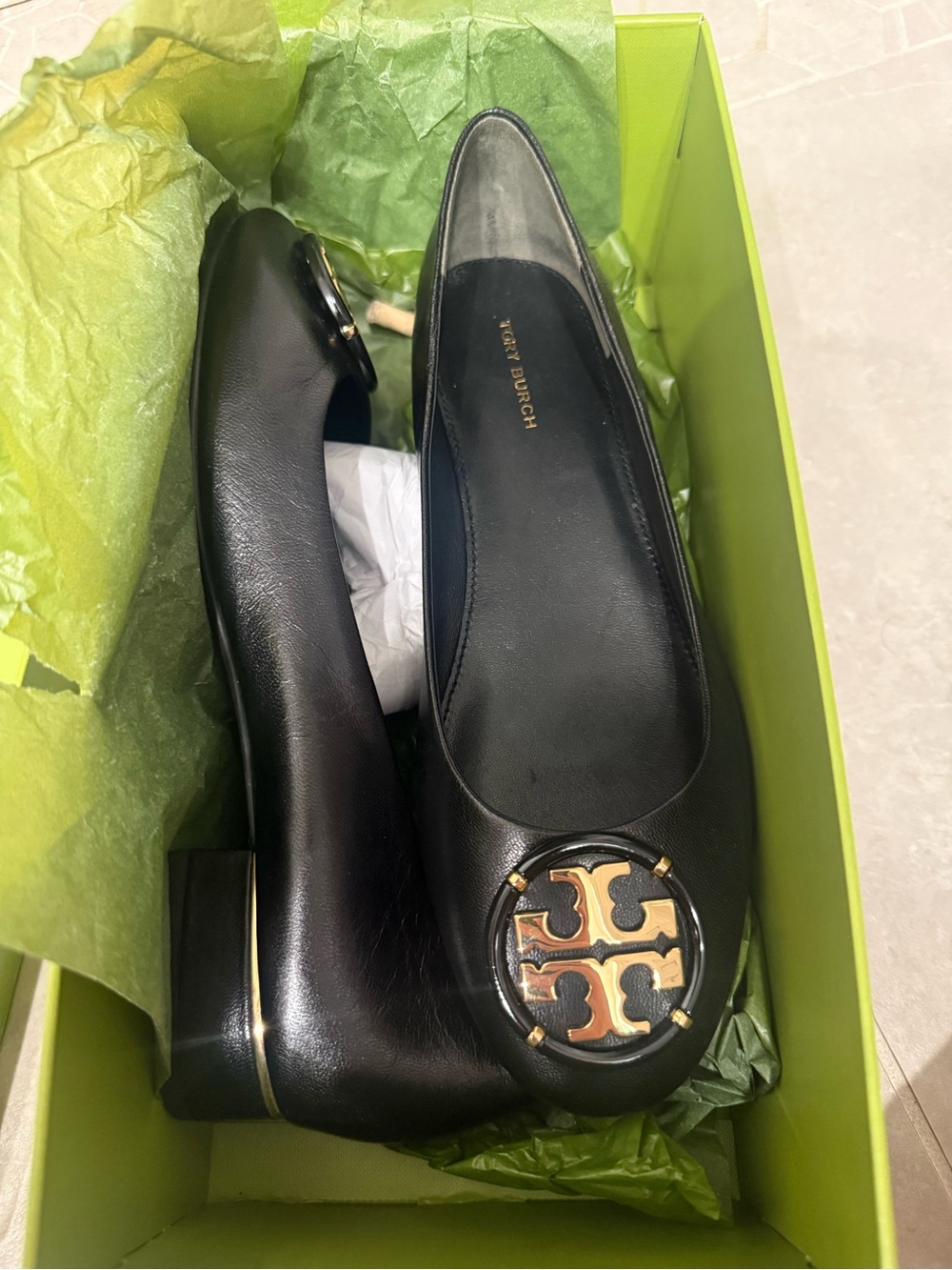 NEW Tory Burch Black Leather Logo Ballet Flats